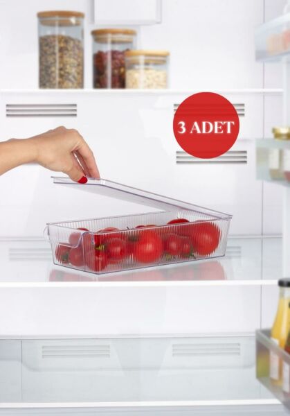 Okyanus Home 3 Adet Kapaklı Midi Buzdolabı Organizeri ve Saklama Kabı 2250ML