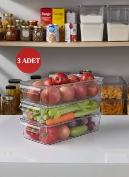 Okyanus Home 3 Adet Kapaklı Midi Buzdolabı Organizeri ve Saklama Kabı 2250ML
