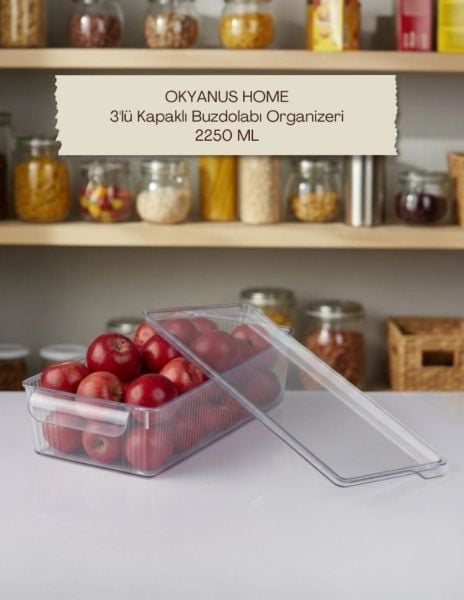 Okyanus Home 3 Adet Kapaklı Midi Buzdolabı Organizeri ve Saklama Kabı 2250ML