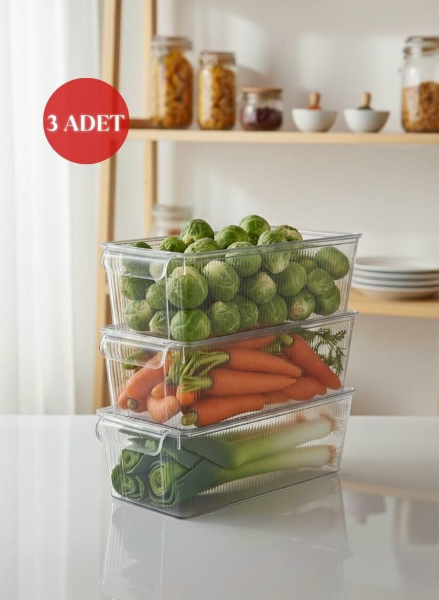 Okyanus Home 3 Adet Kapaklı Midi Buzdolabı Organizeri ve Saklama Kabı 3250ML