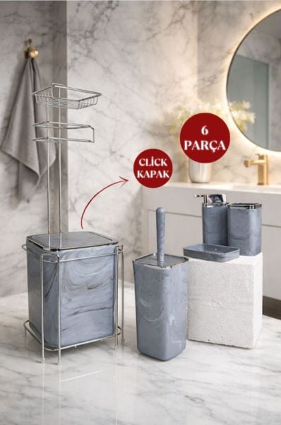 Okyanus Home  Kare Kromlu Mermer Desen Yedekli Wc Kağıtlık ve 6 Parça Banyo Seti