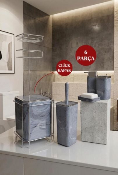 Okyanus Home  Kare Kromlu Mermer Desen Yedekli Wc Kağıtlık ve 6 Parça Banyo Seti