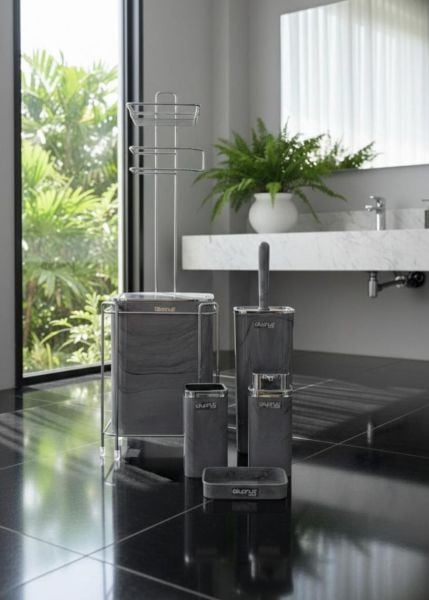 Okyanus Home  Kare Kromlu Mermer Desen Yedekli Wc Kağıtlık ve 6 Parça Banyo Seti