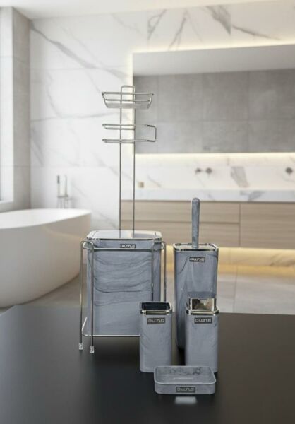 Okyanus Home  Kare Kromlu Mermer Desen Yedekli Wc Kağıtlık ve 6 Parça Banyo Seti