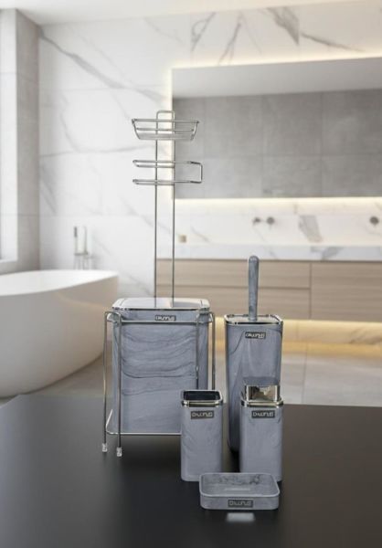 Okyanus Home  Kare Kromlu Mermer Desen Yedekli Wc Kağıtlık ve 6 Parça Banyo Seti