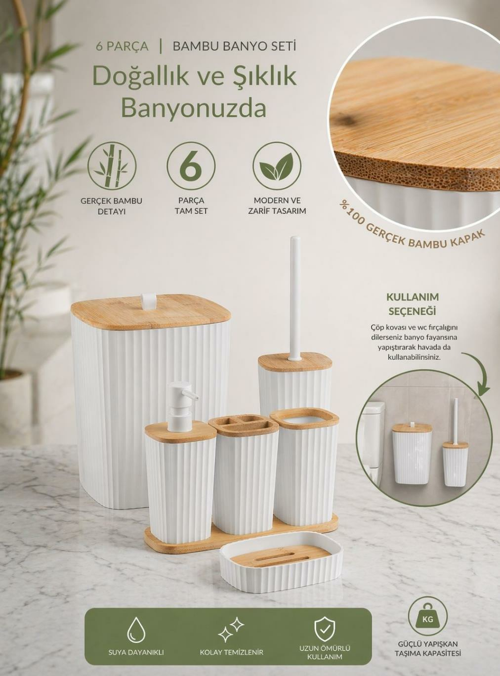 Okyanus Home Yapışkanlı Gerçek Bambu Beyaz 6'lı Safir Banyo Seti