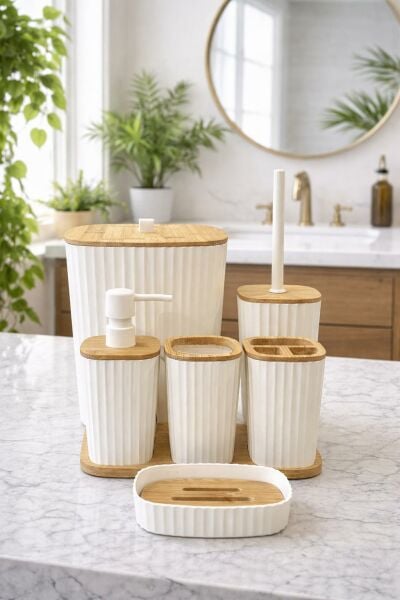 Okyanus Home Yapışkanlı Gerçek Bambu Beyaz 6'lı Safir Banyo Seti