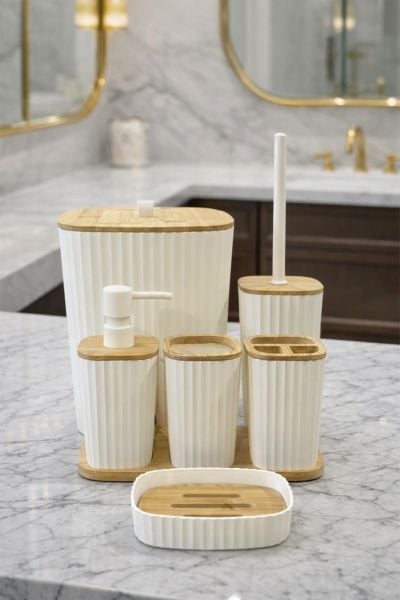 Okyanus Home Yapışkanlı Gerçek Bambu Beyaz 6'lı Safir Banyo Seti