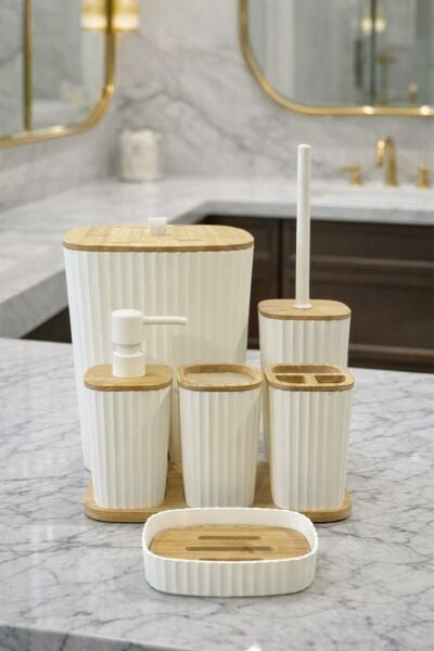 Okyanus Home Yapışkanlı Gerçek Bambu Beyaz 6'lı Safir Banyo Seti