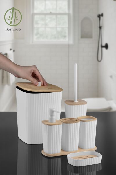 Okyanus Home Yapışkanlı Gerçek Bambu Beyaz 6'lı Safir Banyo Seti