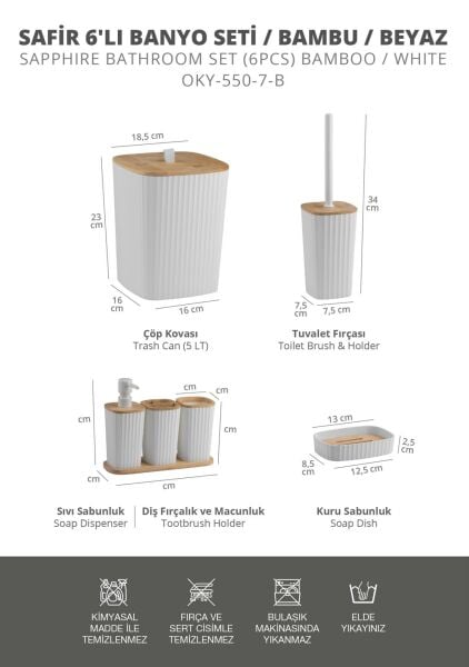Okyanus Home Yapışkanlı Gerçek Bambu Beyaz 6'lı Safir Banyo Seti