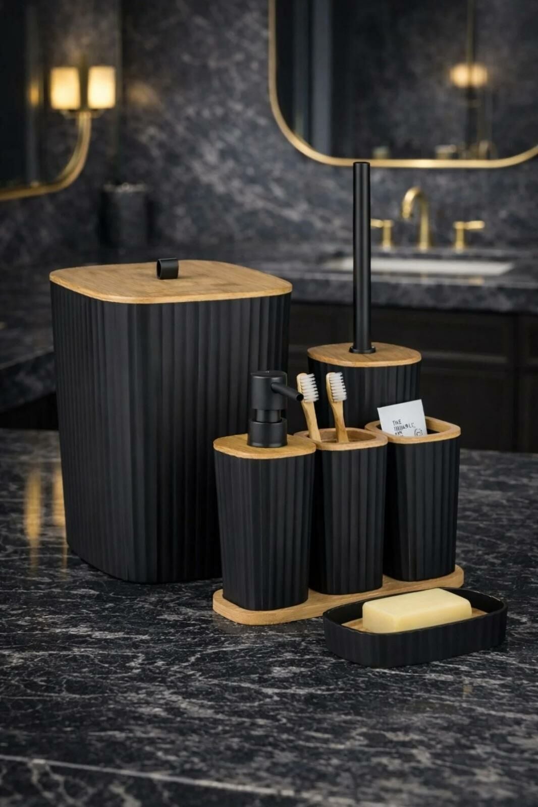 Okyanus Home Yapışkanlı Gerçek Bambu Siyah 6'lı Safir Banyo Seti