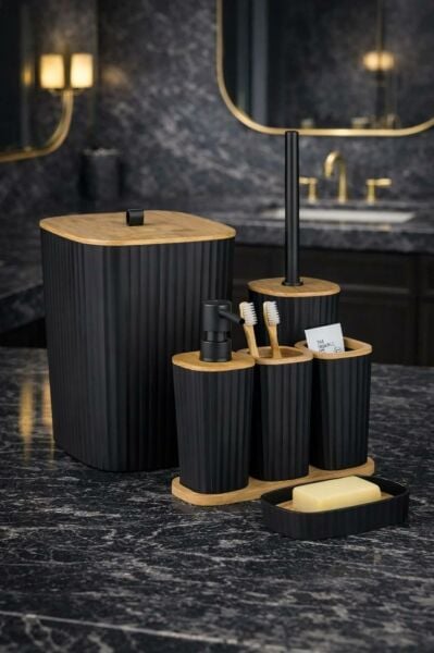 Okyanus Home Yapışkanlı Gerçek Bambu Siyah 6'lı Safir Banyo Seti