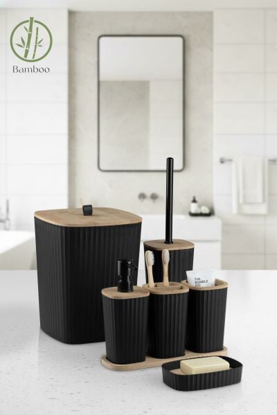 Okyanus Home Yapışkanlı Gerçek Bambu Siyah 6'lı Safir Banyo Seti