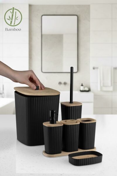 Okyanus Home Yapışkanlı Gerçek Bambu Siyah 6'lı Safir Banyo Seti