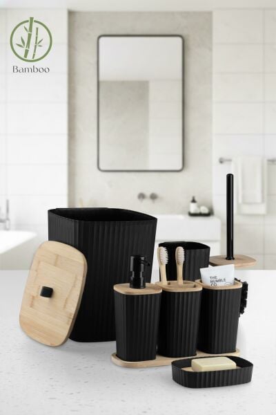 Okyanus Home Yapışkanlı Gerçek Bambu Siyah 6'lı Safir Banyo Seti