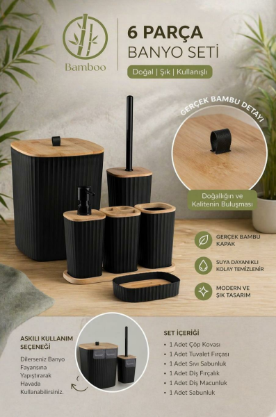 Okyanus Home Yapışkanlı Gerçek Bambu Siyah 6'lı Safir Banyo Seti