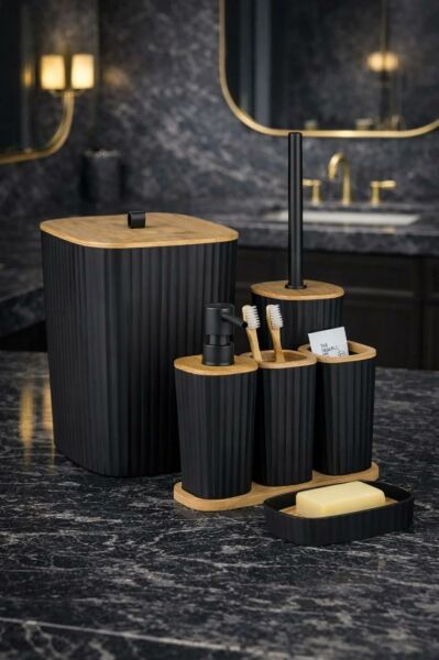 Okyanus Home Yapışkanlı Gerçek Bambu Siyah 6'lı Safir Banyo Seti