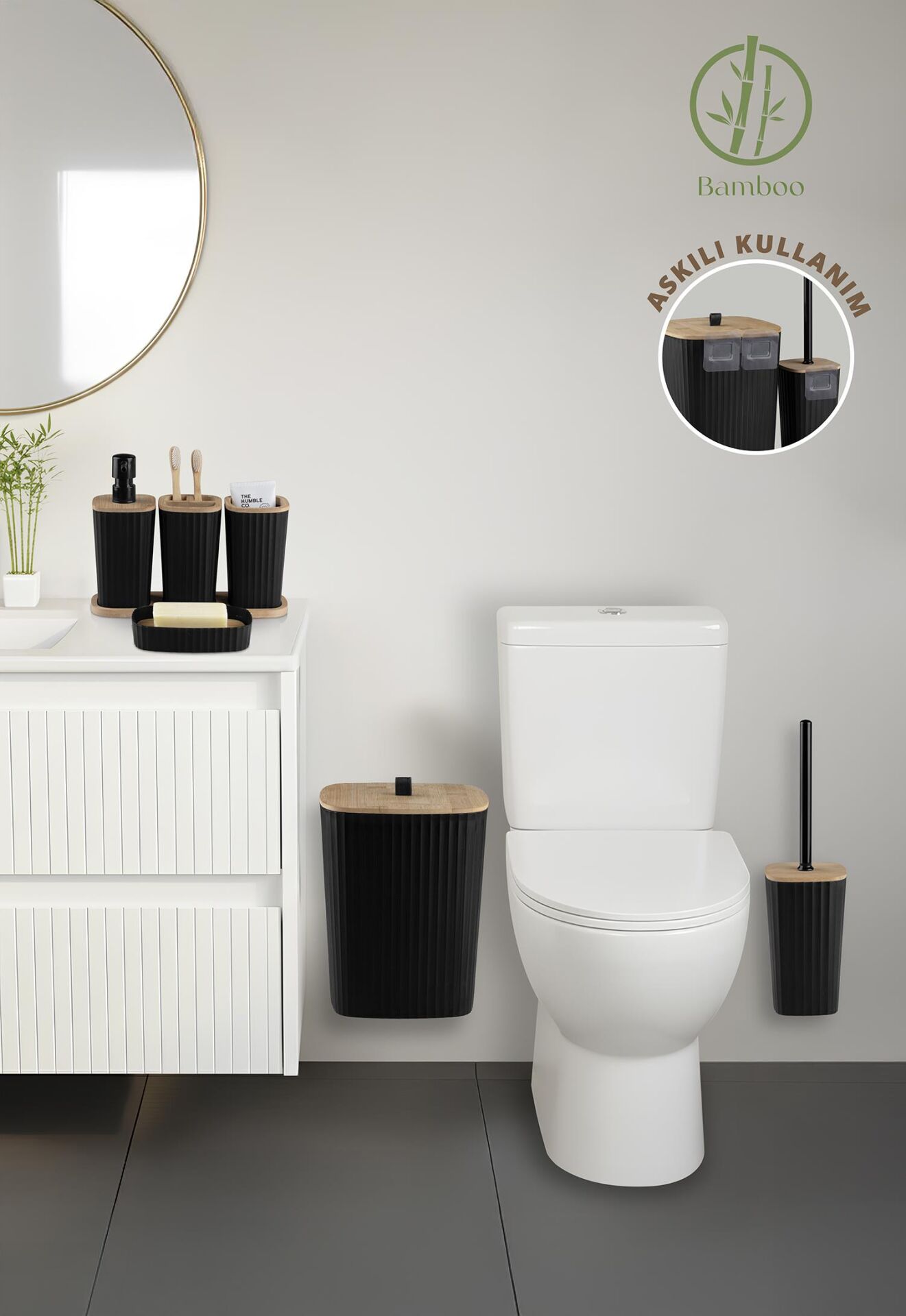 Okyanus Home Yapışkanlı Gerçek Bambu Siyah 6'lı Safir Banyo Seti