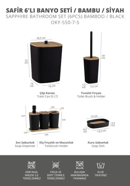 Okyanus Home Yapışkanlı Gerçek Bambu Siyah 6'lı Safir Banyo Seti