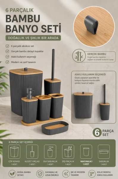 Okyanus Home Yapışkanlı Gerçek Bambu Antrasit 6'lı Safir Banyo Seti