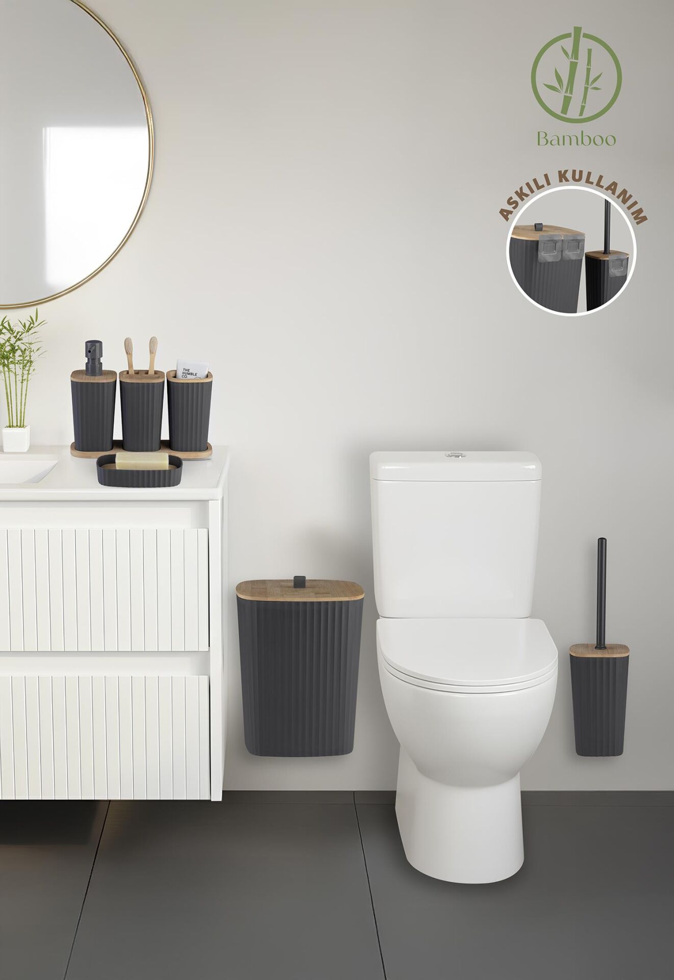 Okyanus Home Yapışkanlı Gerçek Bambu Antrasit 6'lı Safir Banyo Seti