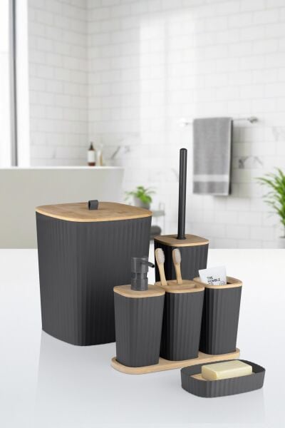 Okyanus Home Yapışkanlı Gerçek Bambu Antrasit 6'lı Safir Banyo Seti