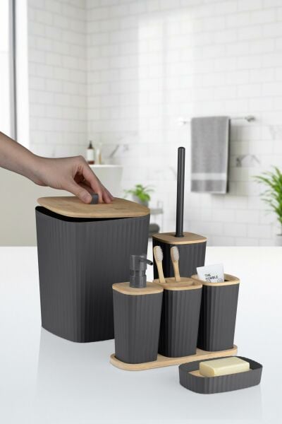 Okyanus Home Yapışkanlı Gerçek Bambu Antrasit 6'lı Safir Banyo Seti