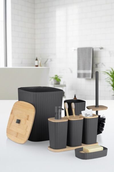 Okyanus Home Yapışkanlı Gerçek Bambu Antrasit 6'lı Safir Banyo Seti