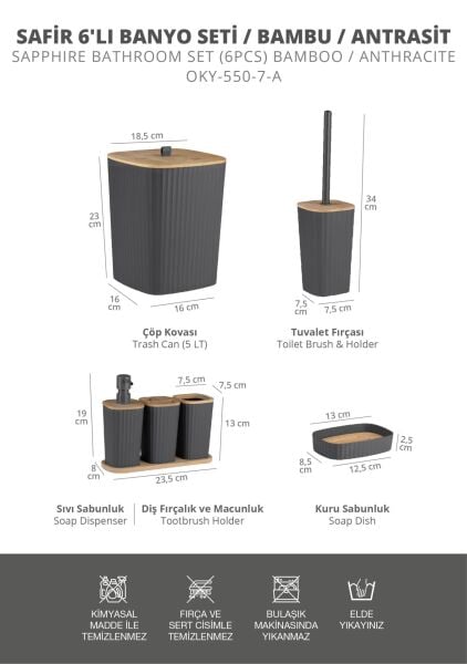 Okyanus Home Yapışkanlı Gerçek Bambu Antrasit 6'lı Safir Banyo Seti