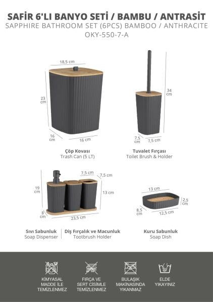 Okyanus Home Yapışkanlı Gerçek Bambu Antrasit 6'lı Safir Banyo Seti