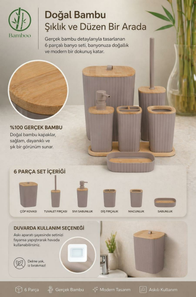 Okyanus Home Yapışkanlı Gerçek Bambu Vizon 6'lı Safir Banyo Seti