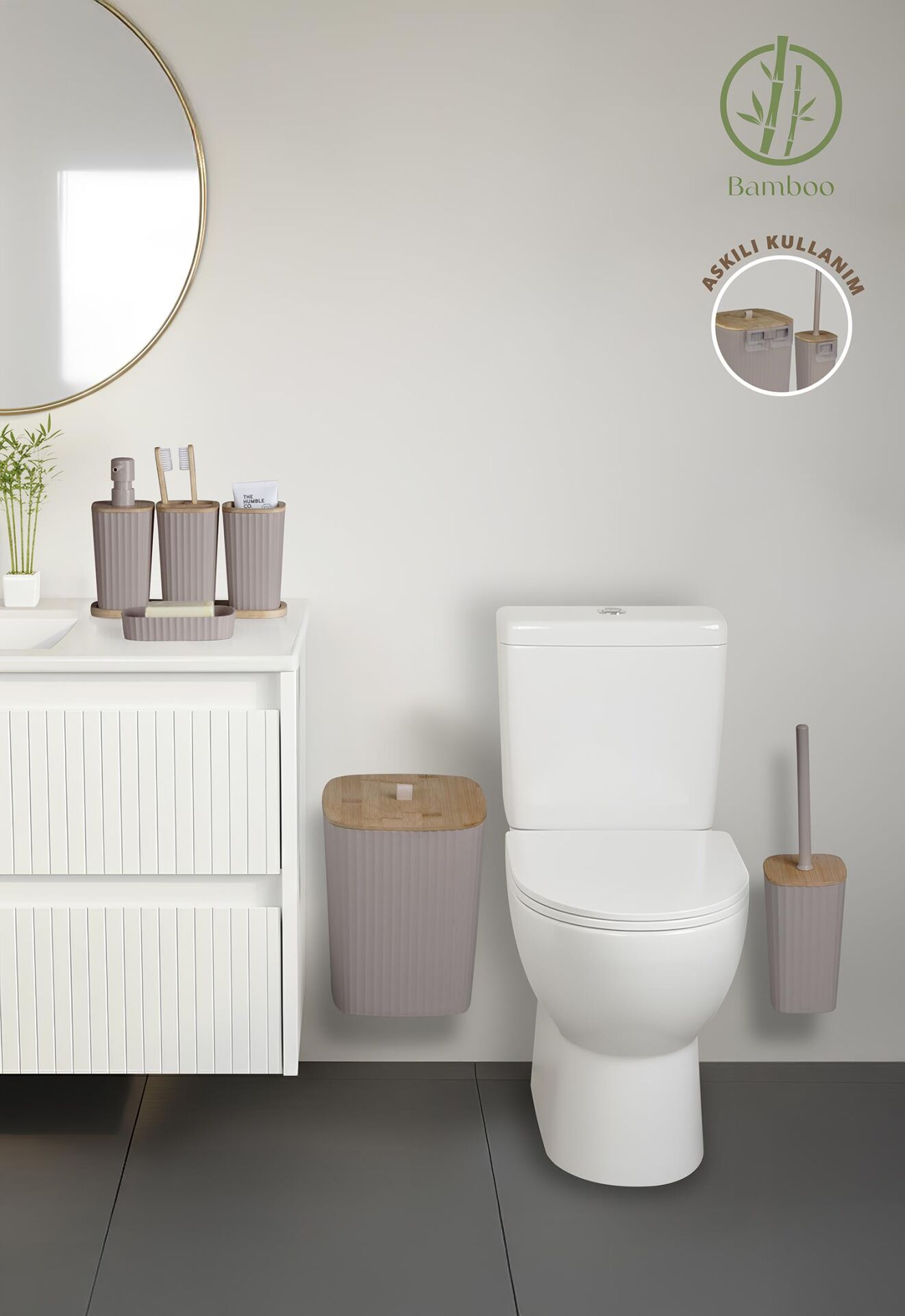 Okyanus Home Yapışkanlı Gerçek Bambu Vizon 6'lı Safir Banyo Seti