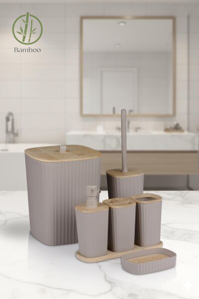 Okyanus Home Yapışkanlı Gerçek Bambu Vizon 6'lı Safir Banyo Seti