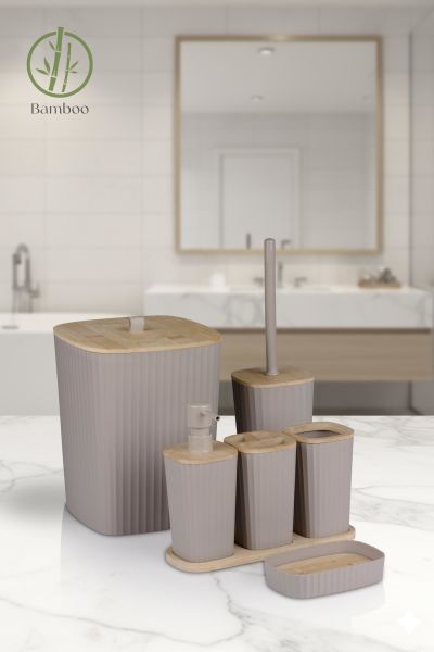 Okyanus Home Yapışkanlı Gerçek Bambu Vizon 6'lı Safir Banyo Seti