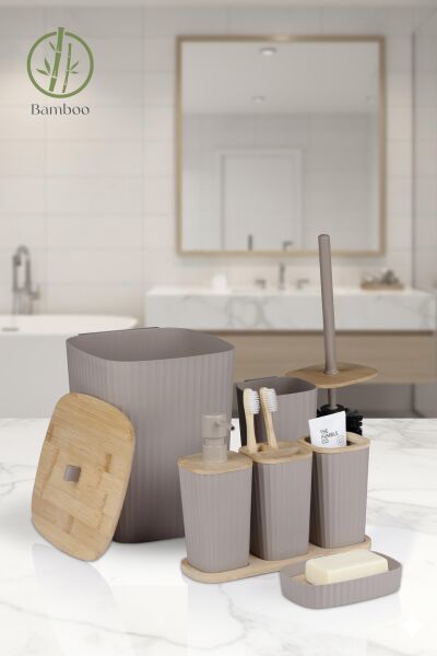 Okyanus Home Yapışkanlı Gerçek Bambu Vizon 6'lı Safir Banyo Seti