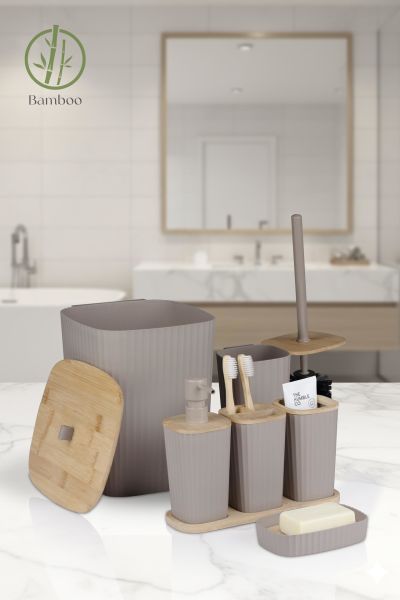 Okyanus Home Yapışkanlı Gerçek Bambu Vizon 6'lı Safir Banyo Seti