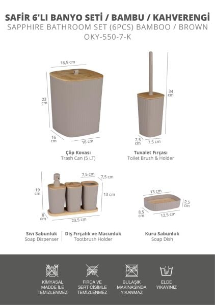 Okyanus Home Yapışkanlı Gerçek Bambu Vizon 6'lı Safir Banyo Seti