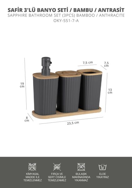 Okyanus Home Safir Bambu 3'lü Set Antrasit