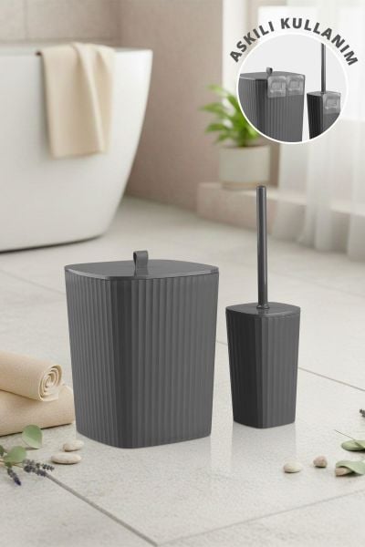 Okyanus Home Safir Yapışkanlı Wc Fırçalık ve Çöp Kovası Seti Antrasit 2'li Banyo Seti