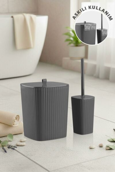 Okyanus Home Safir Yapışkanlı Wc Fırçalık ve Çöp Kovası Seti Antrasit 2'li Banyo Seti