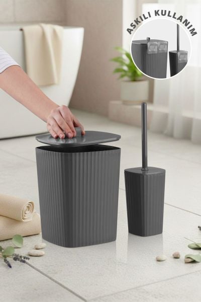 Okyanus Home Safir Yapışkanlı Wc Fırçalık ve Çöp Kovası Seti Antrasit 2'li Banyo Seti