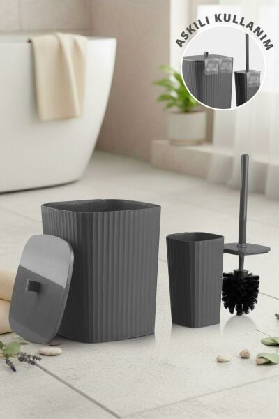 Okyanus Home Safir Yapışkanlı Wc Fırçalık ve Çöp Kovası Seti Antrasit 2'li Banyo Seti