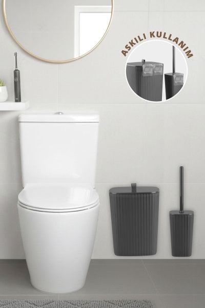 Okyanus Home Safir Yapışkanlı Wc Fırçalık ve Çöp Kovası Seti Antrasit 2'li Banyo Seti