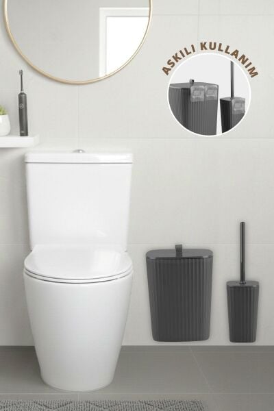Okyanus Home Safir Yapışkanlı Wc Fırçalık ve Çöp Kovası Seti Antrasit 2'li Banyo Seti