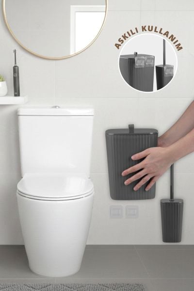 Okyanus Home Safir Yapışkanlı Wc Fırçalık ve Çöp Kovası Seti Antrasit 2'li Banyo Seti