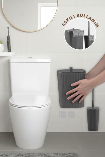 Okyanus Home Safir Yapışkanlı Wc Fırçalık ve Çöp Kovası Seti Antrasit 2'li Banyo Seti