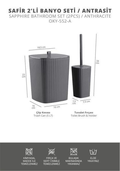 Okyanus Home Safir Yapışkanlı Wc Fırçalık ve Çöp Kovası Seti Antrasit 2'li Banyo Seti