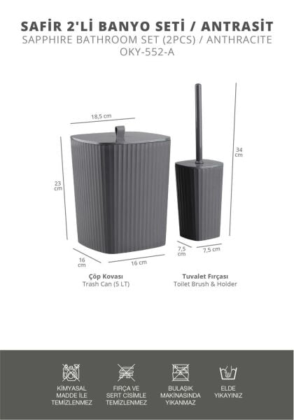 Okyanus Home Safir Yapışkanlı Wc Fırçalık ve Çöp Kovası Seti Antrasit 2'li Banyo Seti