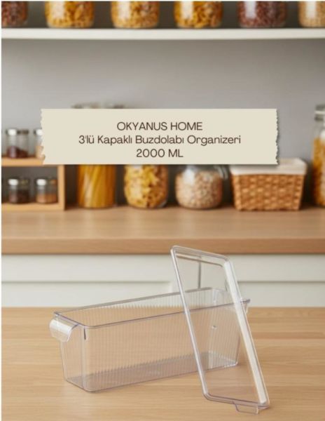 Okyanus Home 3 Adet Kapaklı Mini Buzdolabı Organizeri ve Saklama Kabı 2000ML